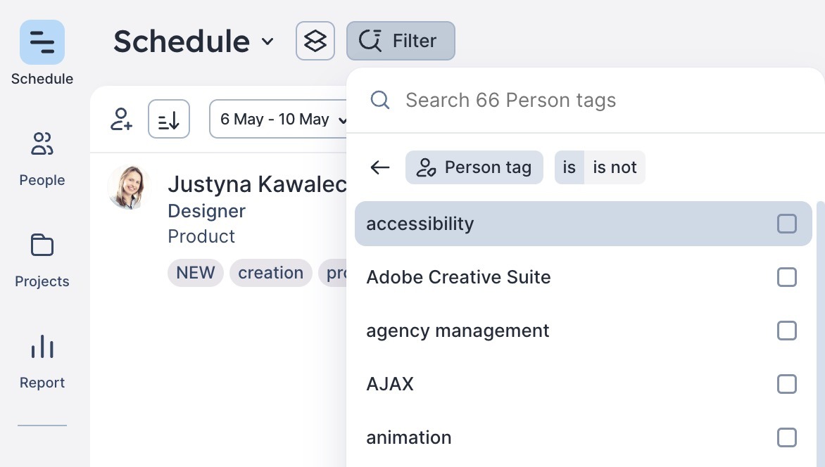 Float schedule showing Filter function