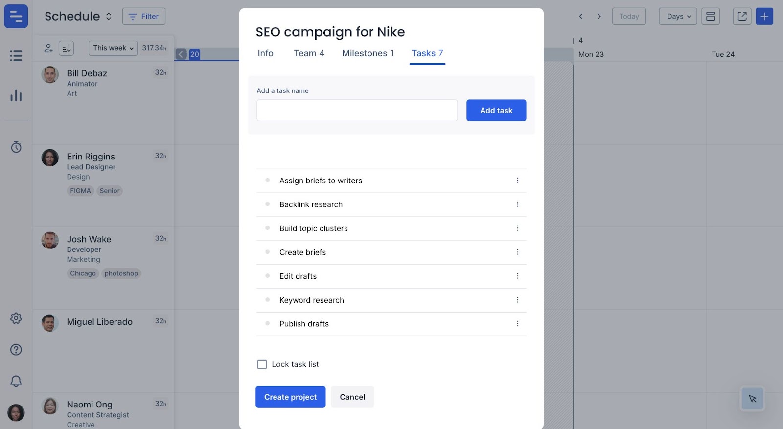 View of tasks for a project in Float