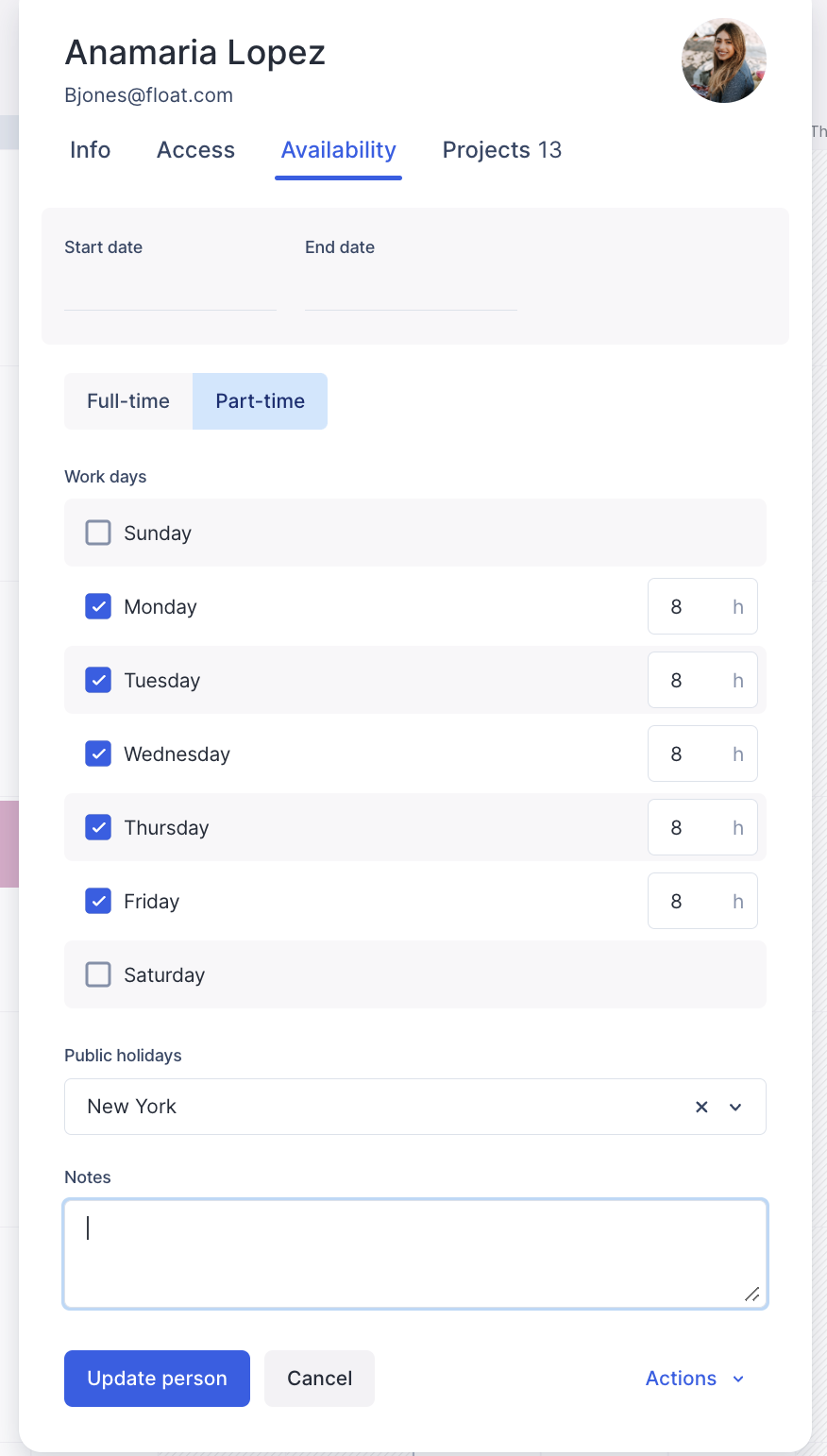 Page showing custom workdays in Float