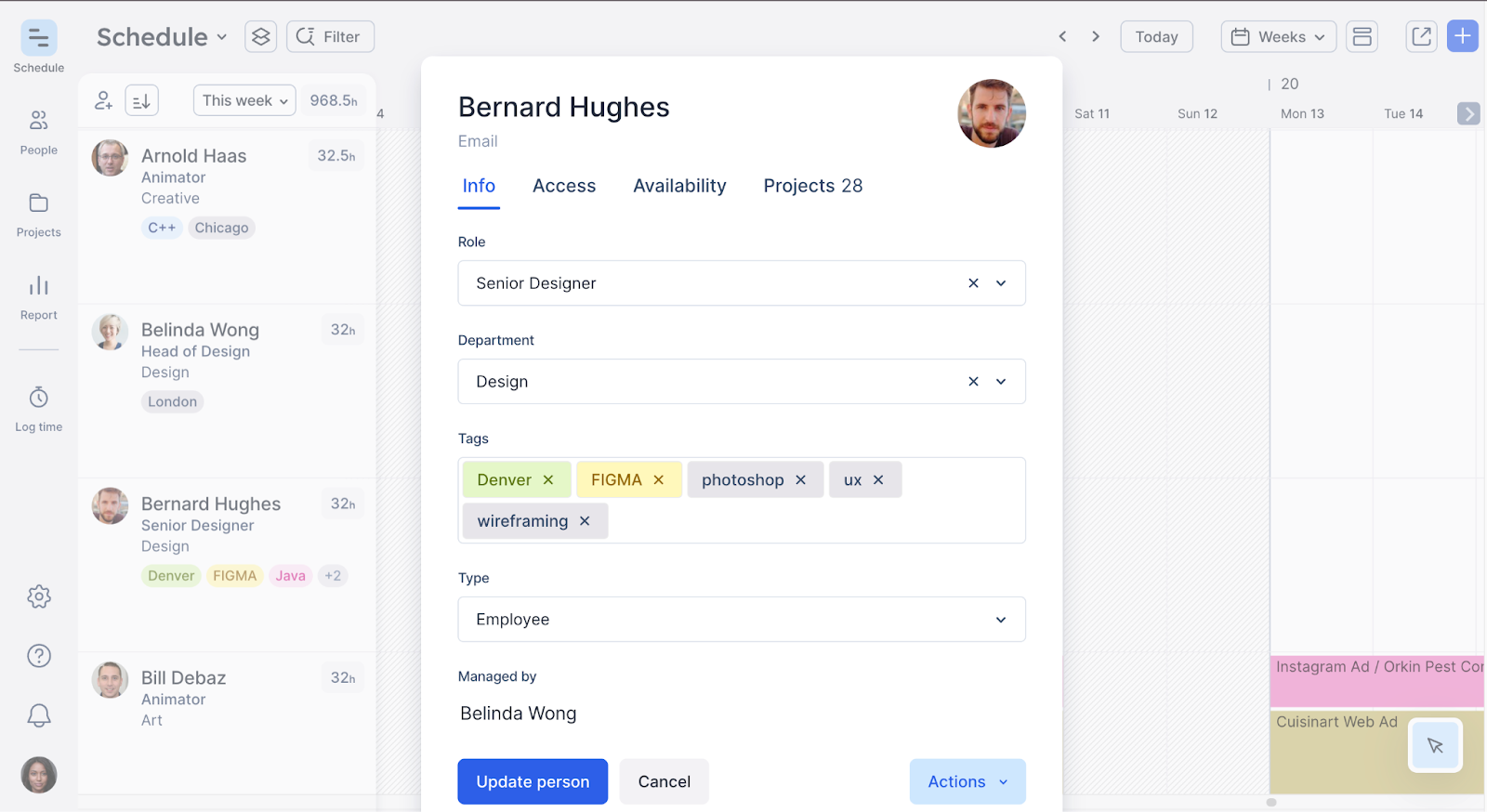 A page with people tags in Float showing a senior designer's skills