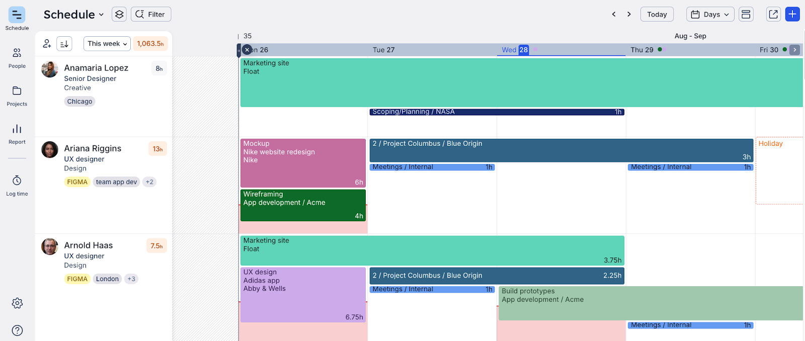 A team's schedule in Float