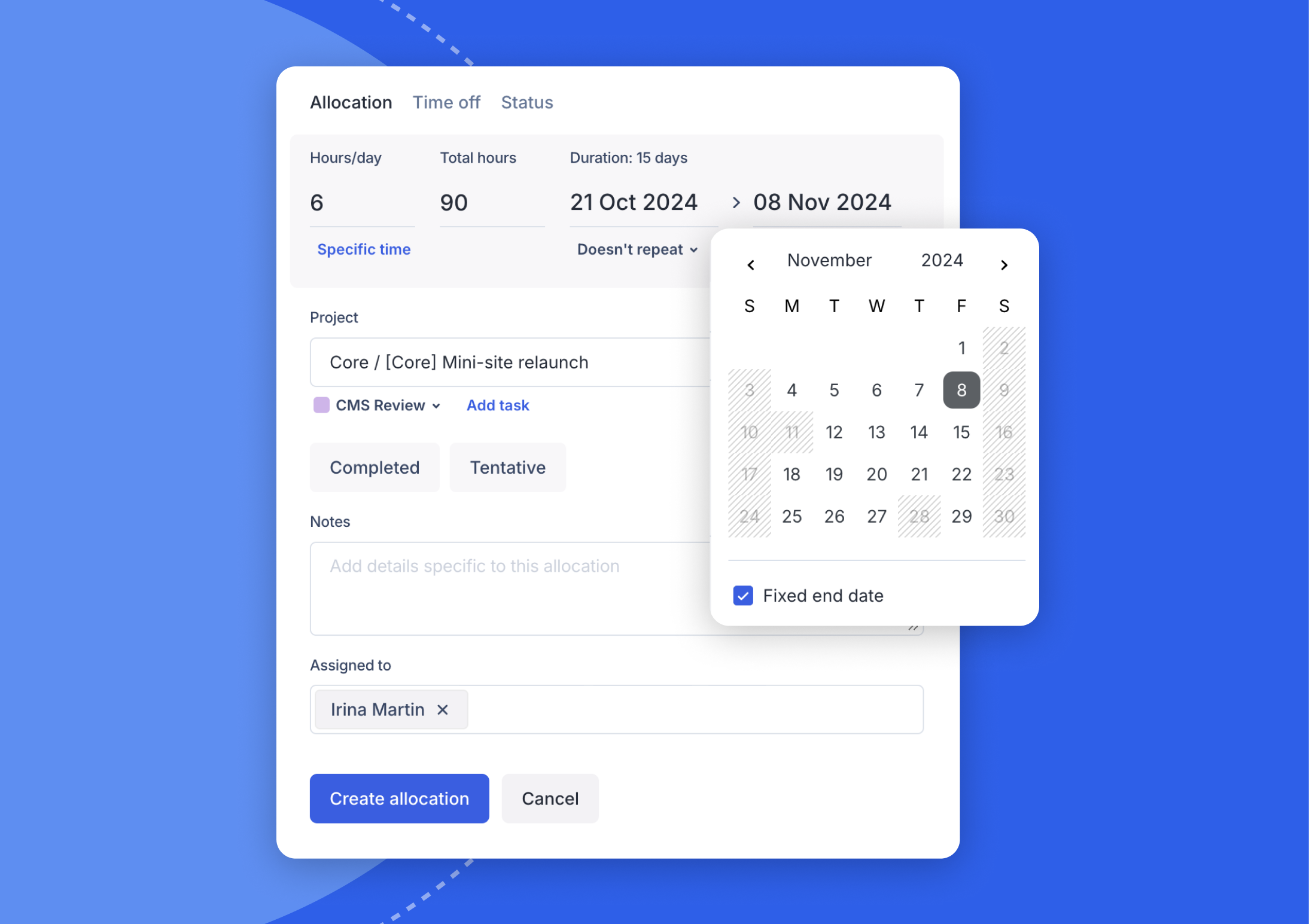allocate hours evenly acrossa fixed date range
