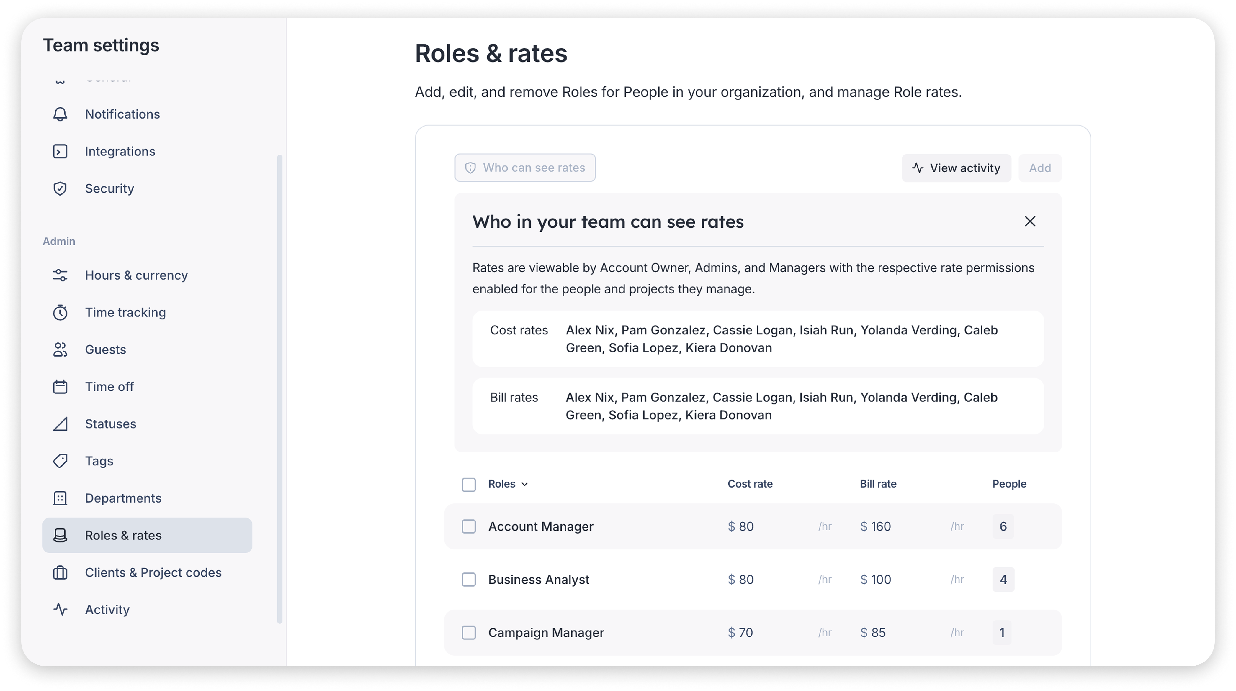 A product screenshot showing who can view rates in the account for cost and bill rates.