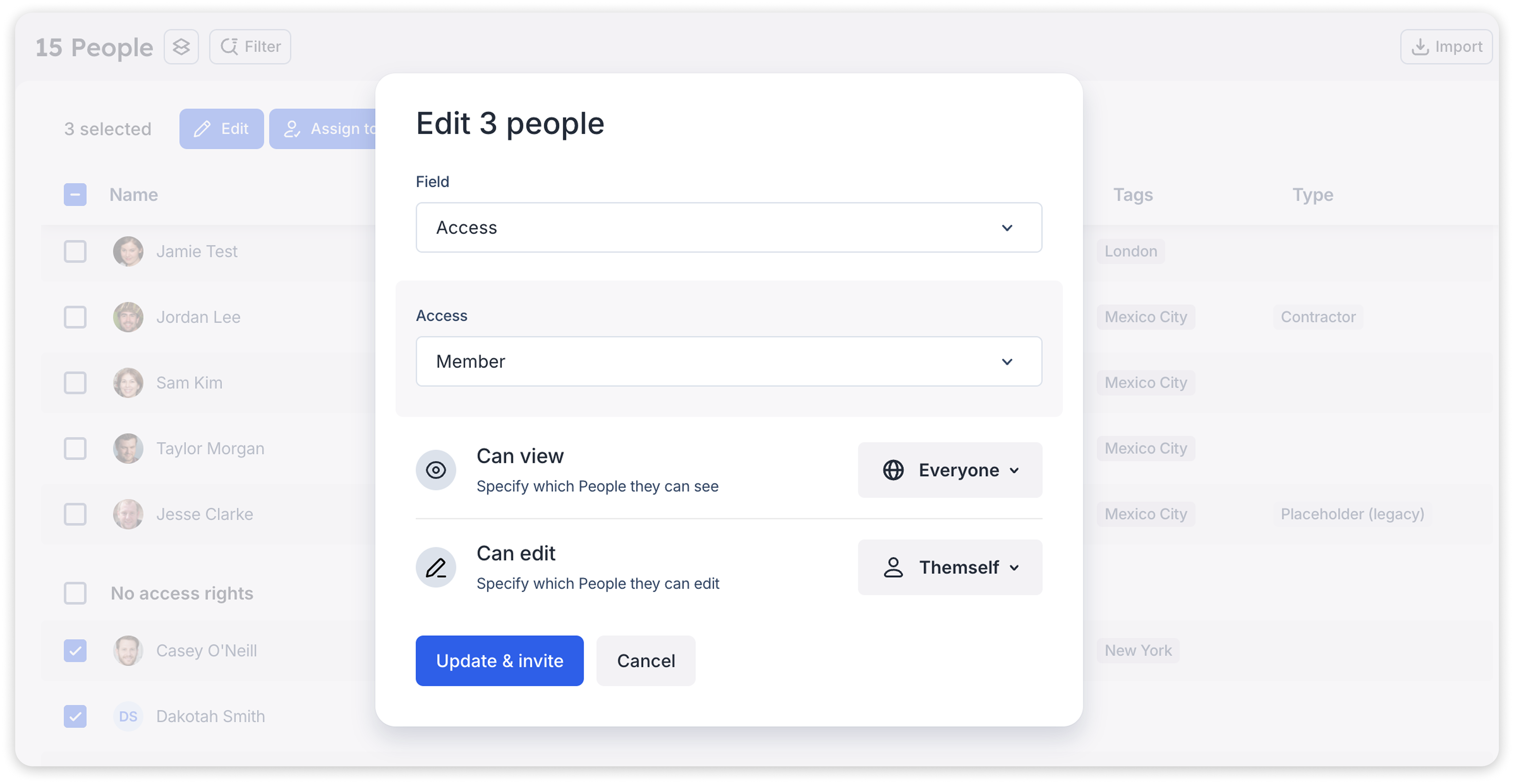 A product screen showing how to bulk invite and set access rights from the People menu in Float.