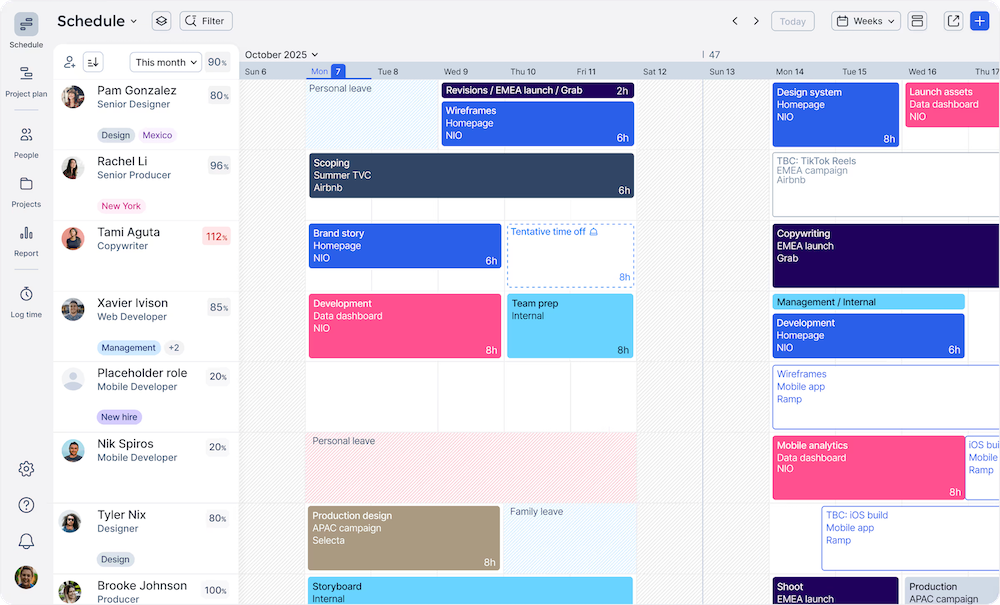 The Float schedule showing team member's allocations 