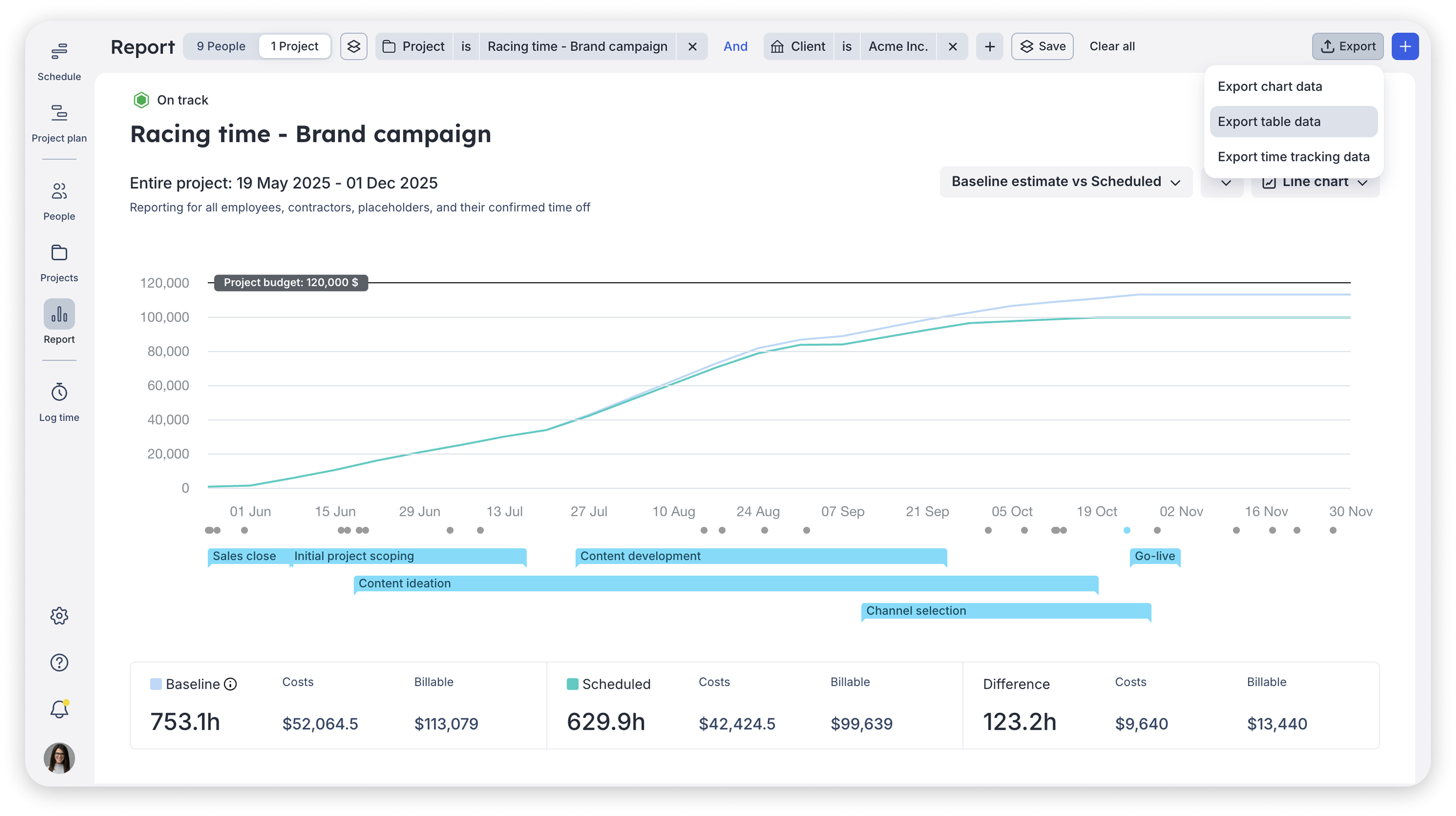 A screenshot showing where you can export table data to a CSV that includes the details collected from your baseline estimate.